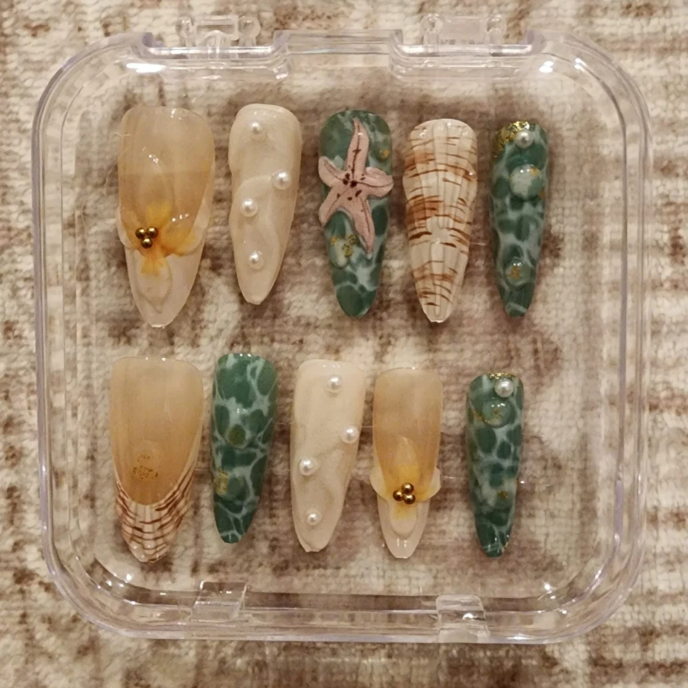 Beach-Themed with Starfish and Pearls Almond Stiletto Press On Nails - Medium